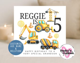 Personalised Construction Birthday Card | Digger Truck Birthday Card | Custom Age & Name | Birthday Card for Boys