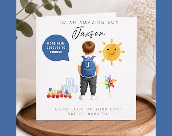 Personalised First Day at Nursery Card for Son | Good Luck Nursery Card | Custom Name & Hair Colour | Starting Nursery Keepsake
