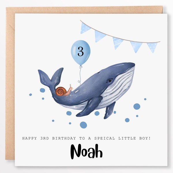 Personalised Whale Birthday Card - Ocean Birthday Card- Whale Snail - 1st 2nd 3rd 4th 5th 6th - For Son For Daughter Grandson Granddaughter