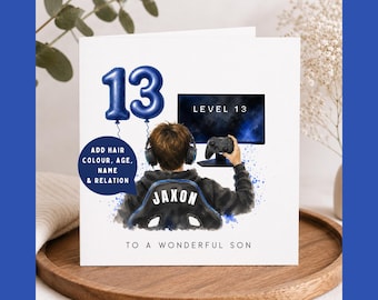 Personalised Gaming Birthday Card for Son | Level Up Gamer Birthday Card | Custom Age Name & Relation | Teen Boy Birthday Card