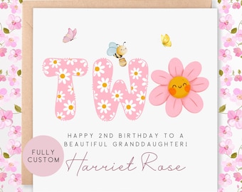 Personalised Pink 2nd Birthday Card For Little Girl - Floral 2nd Birthday Card For Daughter, Granddaughter, Niece, Sister - Daisy Card
