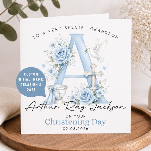 Personalised Grandson Christening Card | Custom Baptism Card for Grandson | Baby Boy Christening Day Card | Initial Name & Date