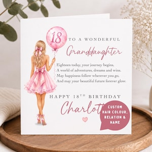 May include: A square greeting card featuring an illustration of a person in a pink dress holding a pink balloon with the number 18. The text reads: TO A WONDERFUL GRANDDAUGHTER, Eighteen today, your journey begins, A world of adventures, dreams and wins. May happiness follow wherever you go, And may your beautiful future forever glow. HAPPY 18TH BIRTHDAY, Charlotte, and a pink speech bubble stating: CUSTOM HAIR COLOUR, RELATION & NAME.