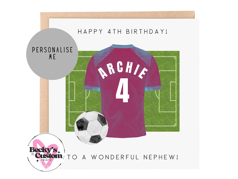 Personalised Birthday Football Card - For Son, Brother, Grandson, Nephew, Blue Football Card 5th 6th 7th 8th 9th 10th 11th Claret & Blue