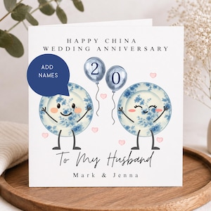 20 Year Anniversary Card For Husband – China Wedding Anniversary Card – Cute China Couple Card – Personalised 20th Anniversary
