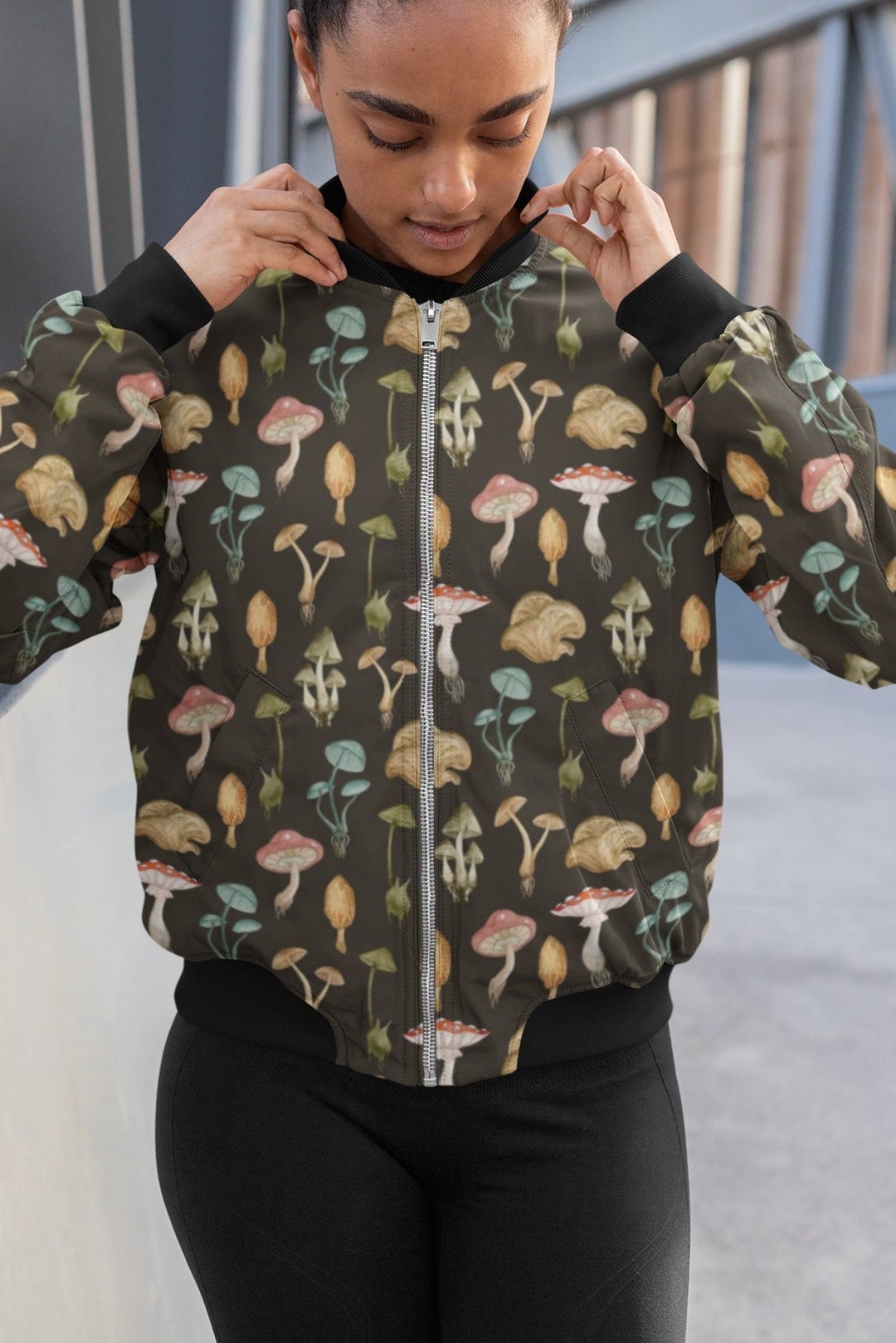 Women's Cottagecore Mushroom Bomber Jacket Cottagecore Clothing for Women Water Color Mushroom ...