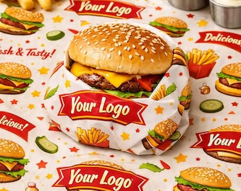 Papel personalizado para food trucks / A todo color, pedido mínimo bajo de 500 hojas / Hojas personalizadas para la marca de su restaurante / Envolturas para sándwiches con logotipo personalizado