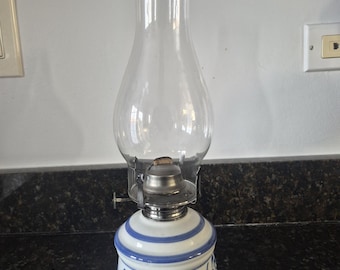 Vintage Lamplight  Stoneware White and Blue Oil Lamp with Glass Shade