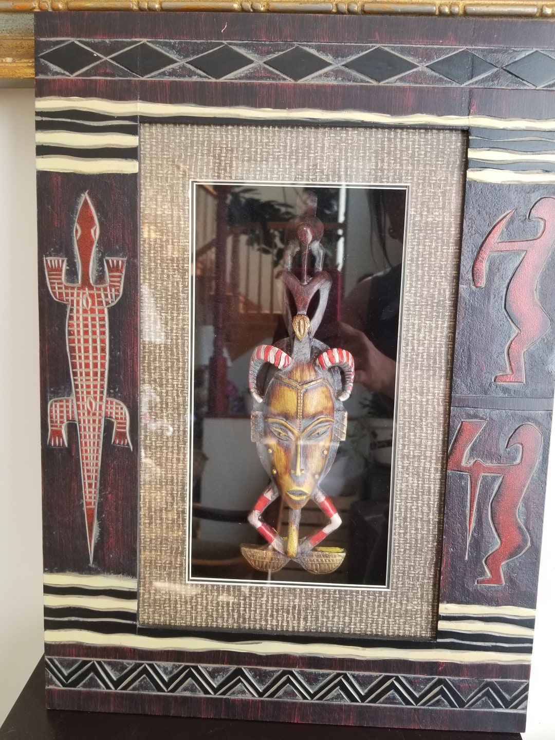 Vintage African Wood Carved Tribal Mask in Wood Shadow Box 14”x22