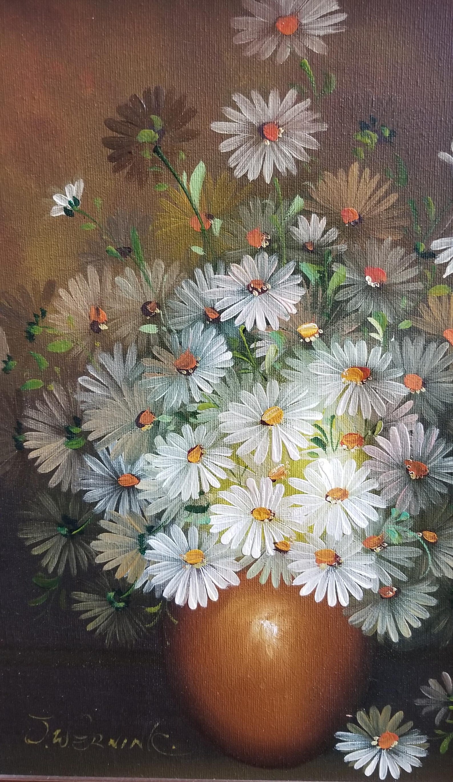 Vintage Oil Painting of Daisies in Vase, Signed by J. Wernink 23x17" in ...