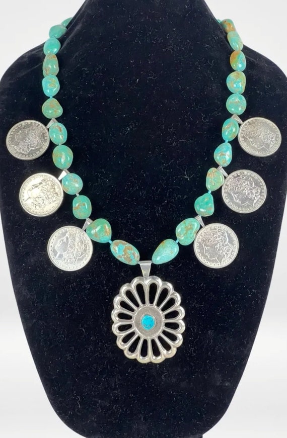 Massive Turquoise & Silver Coins Necklace  Native 