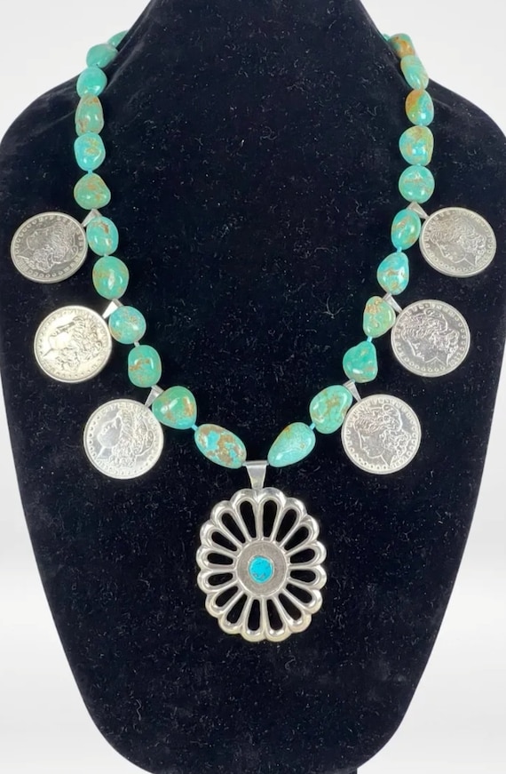 Tremendous Navajo Native American Silver Coins Necklace Tremendous Navajo Native American Silver Coins Necklace