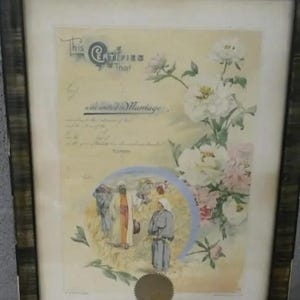 Certificado de matrimonio antiguo enmarcado por Jennings & Graham