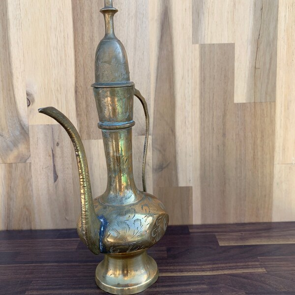 Vintage Brass Aftaba Ewer, Water Jug or Teapot Etched Brass India 11.25”