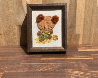 Vintage Needlework Crewel Baby Bear Framed Artwork