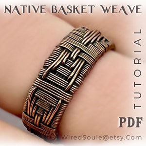 May include: A copper-colored ring with a basket weave design. The ring is wrapped around a finger. The text "NATIVE BASKET WEAVE TUTORIAL PDF" is displayed in the image, along with the Etsy shop's email address.