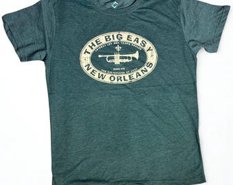 New Orleans Jazz Trumpet Tee, Vintage style Badge Design, Heather Indigo T-Shirt