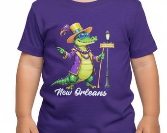 New Orleans Mardi Gras Gator Kids Tee | Dapper Alligator NOLA Souvenir | Boy Girl Gift