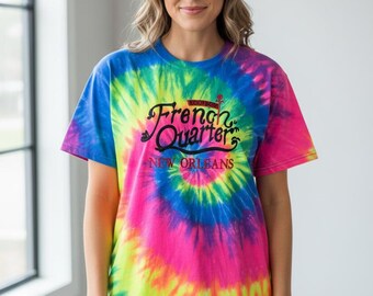 French Quarter New Orleans Tie Dye Tee, Embroidered Bourbon Street Shirt, Rainbow Spiral Graphic