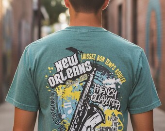 New Orleans Saxophone Unisex Stone Wash Garment-Dyed Tee – Aqua