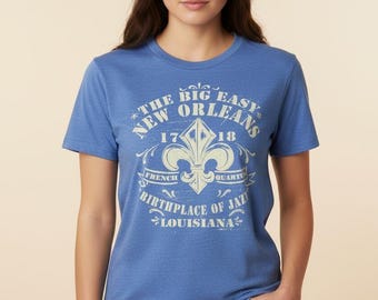 Vintage New Orleans Graphic Tee, Big Easy Fleur-de-lis Jazz Shirt (Heather Blue)