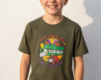 New Orleans Cajun Critters Youth Graphic Tee, Bayou Alligator Crawfish Mardi Gras Shirt
