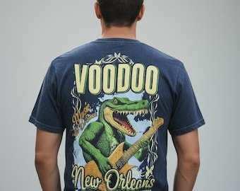 Voodoo Gator T-Shirt, New Orleans Stone Wash Tee, Louisiana Alligator Graphic Shirt, Navy