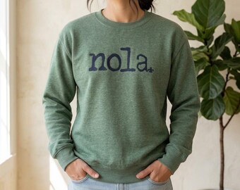 NOLA Sweatshirt: Heather Green Fleur-de-Lis Pullover, Retro Louisiana Style