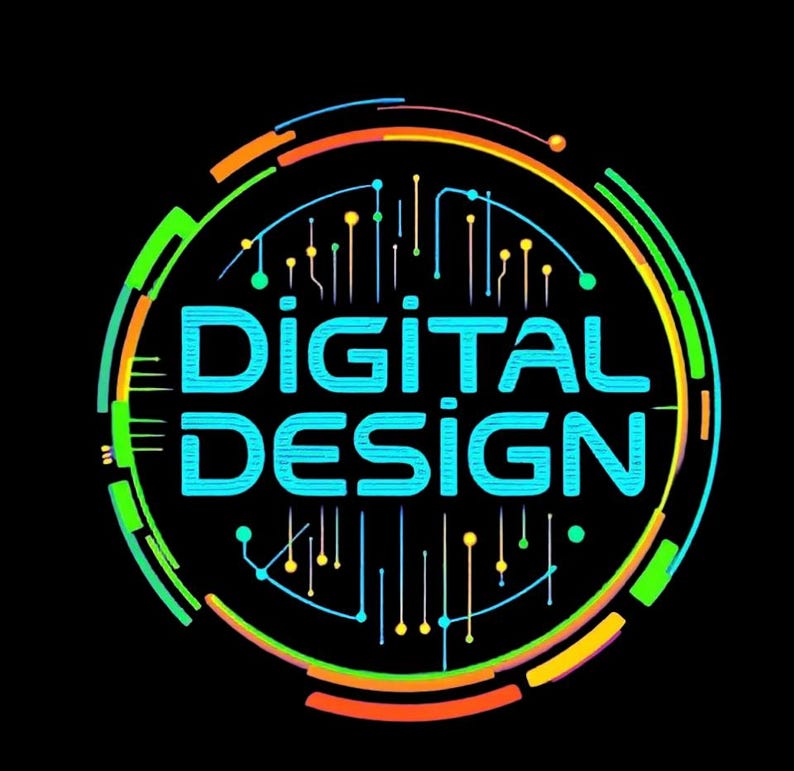 May include: A colorful circular logo with the text "DIGITAL DESIGN" in a blue font with a white outline. The circle is made up of a series of concentric rings in shades of orange, yellow, green, and blue. The rings are connected by a series of lines and dots, creating a digital circuit board effect.