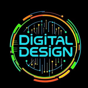 May include: A colorful circular logo with the text "DIGITAL DESIGN" in a blue font with a white outline. The circle is made up of a series of concentric rings in shades of orange, yellow, green, and blue. The rings are connected by a series of lines and dots, creating a digital circuit board effect.