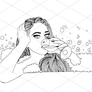 May include: A black and white line drawing of a person in a bathtub with bubbles. The person is holding a glass of liquid and has their hand on their head.