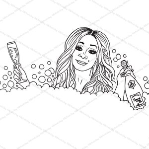 May include: A black and white line drawing of a woman in a bathtub with a glass of champagne in one hand and a bottle of champagne in the other. The woman is smiling and has long hair. There are bubbles around her.