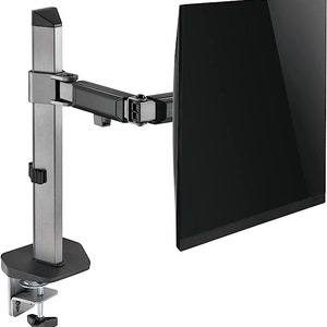 May include: A silver and black monitor arm with a clamp base. The arm is extended and a black monitor is attached to the end of the arm.