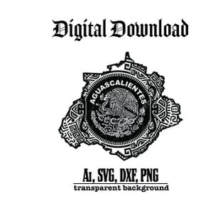 May include: Black and white digital download graphic featuring the outline of Aguascalientes, Mexico, with intricate patterns. The design includes the state's seal and the text "Digital Download" and file type information.