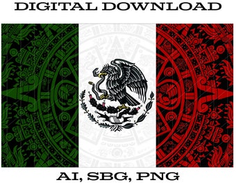 File SVG della bandiera messicana azteca, calendario azteco SVG, arte messicana, file di incisione laser, Bandera Mexicana png, disegno di sublimazione messicana