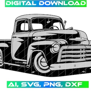 May include: Black and white silhouette of a vintage pickup truck. The truck has a long bed and a large grille with horizontal bars. The truck is facing forward and the headlights are visible.