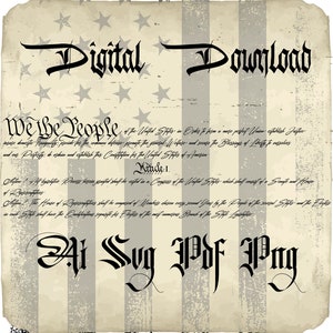 Könnte beinhalten: Eine Grafik für digitalen Download mit einem Hintergrund aus einer amerikanischen Flagge im Vintage-Stil. Der Text "Digitaler Download" ist in einer großen, stilisierten Schriftart. Der Text "Wir, das Volk" ist in einer kleineren Schriftart und wird von einem Teil der Präambel der Verfassung der Vereinigten Staaten gefolgt. Der Text "Ai Svg Pdf Png" ist in einer großen, stilisierten Schriftart.