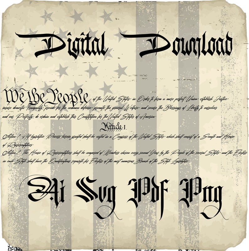 Puede incluir: Un gr&aacute;fico de descarga digital con un fondo de bandera estadounidense vintage. El texto "Descarga digital" est&aacute; en una fuente grande y estilizada. El texto "Nosotros el pueblo" est&aacute; en una fuente m&aacute;s peque&ntilde;a y va seguido de una parte del pre&aacute;mbulo de la Constituci&oacute;n de los Estados Unidos. El texto "Ai Svg Pdf Png" est&aacute; en una fuente grande y estilizada.