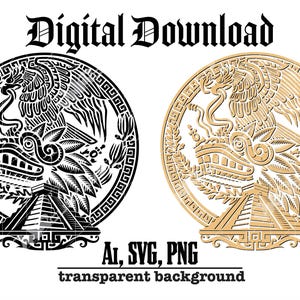 May include: Digital download featuring two Aztec-inspired designs. One is a black and white illustration, the other a tan-colored rendering. Both depict a detailed eagle with a serpent, surrounded by a circular border. Text includes "Digital Download" and file type information.