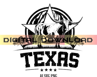 May include: Black and white illustration of a Texas longhorn steer inside a star with the word "TEXAS" below it. The star is surrounded by a circle with a pattern of lines. The text "AI SVG PNG" is below the word "TEXAS".