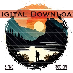 Könnte beinhalten: Ein digitaler Download einer Silhouette-Illustration einer Berglandschaft mit Sonnenuntergang und einer Person im Vordergrund. Das Bild ist in einem Kreis mit einem Grunge-Effekt. Der Text "DIGITAL DOWNLOAD" befindet sich oben im Bild. Der Text "5 PNG" befindet sich unten links im Bild. Der Text "300 DPI" befindet sich unten rechts im Bild.