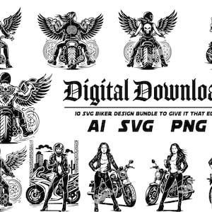 Biker Woman Svg Bundle | 10 Motorcycle Girl Clipart Designs | AI SVG PNG Digital Download | Transparent Background | Tattoo Style Art