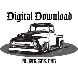 Op de afbeelding: Zwart-wit illustratie van een klassieke pick-up truck. De truck heeft een zwarte cabine en motorkap, met een witte carrosserie. De afbeelding bevat de tekst "Digital Download" en bestandstype opties: AI, SVG, EPS, PNG.