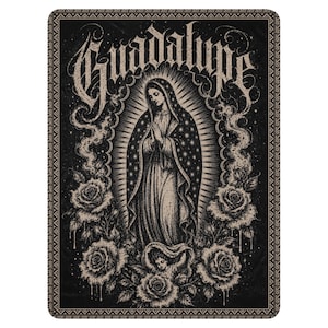 May include: A black and beige rectangular blanket featuring a central illustration of the Virgin of Guadalupe surrounded by roses and a small angel figure at the base. The word Guadalupe is printed in a stylised gothic font at the top.