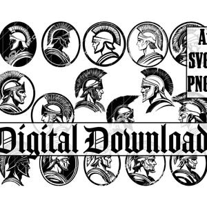 Ensemble SVG avec logo de guerrier grec | 16 designs de vecteur de casque de gladiateur spartiate | PNG, AI, SVG pour Cricut, tatouage, chemise, autocollant
