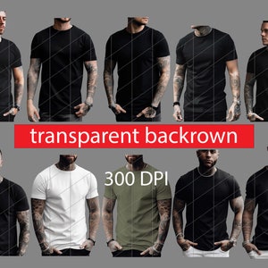 K&ouml;nnte beinhalten: Ein Satz von acht Mockup-Bildern, die M&auml;nner zeigen, die verschiedene farbige T-Shirts tragen. Die T-Shirts sind alle schlicht und haben einen Rundhalsausschnitt. Die Bilder sind vor einem grauen Hintergrund platziert. Der Text "transparent backrown" und "300 DPI" ist im Bild sichtbar.