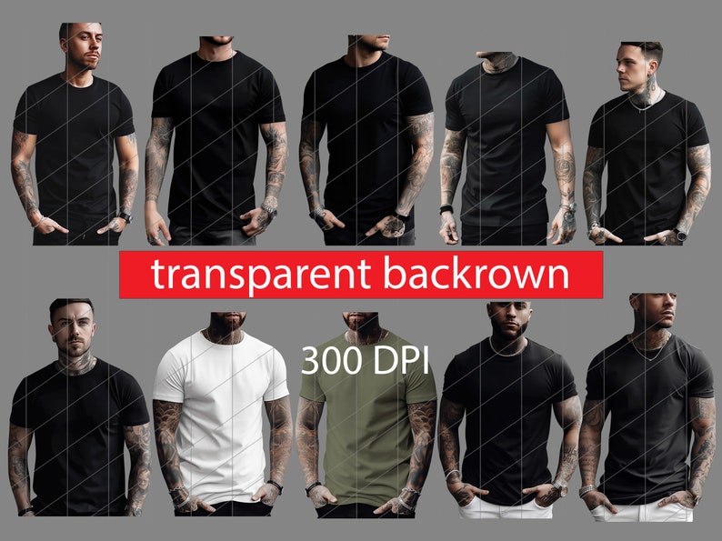 K&ouml;nnte beinhalten: Ein Satz von acht Mockup-Bildern, die M&auml;nner zeigen, die verschiedene farbige T-Shirts tragen. Die T-Shirts sind alle schlicht und haben einen Rundhalsausschnitt. Die Bilder sind vor einem grauen Hintergrund platziert. Der Text "transparent backrown" und "300 DPI" ist im Bild sichtbar.