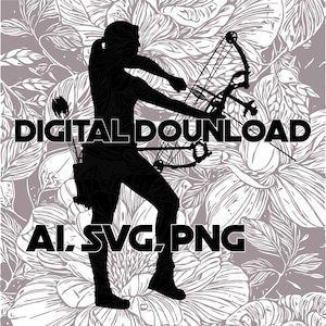 Könnte beinhalten: Schwarz-weiße Silhouette einer Person, die einen Bogen und Pfeil hält, mit dem Text "DIGITAL DOWNLOAD AI, SVG, PNG" darunter.