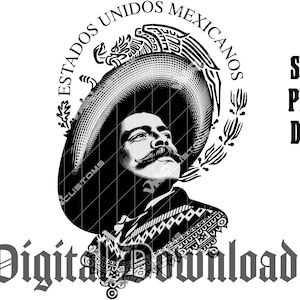 Pode incluir: Download digital em preto e branco de uma ilustração estilizada de um homem usando um sombrero com o texto "Estados Unidos Mexicanos" ao redor da borda. O homem está olhando para a direita e tem um bigode. O texto "Download digital" está na parte inferior da imagem.