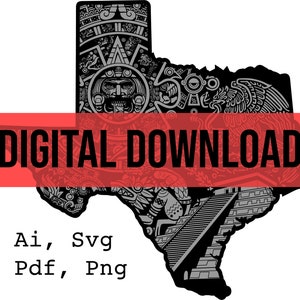 TEXAS kaart, Azteekse kaart SVG-bestand, hoog detail, Azteekse kalender SVG, lasergravure bestand, Texas staatsbestand, Texas sublimatie ontwerp